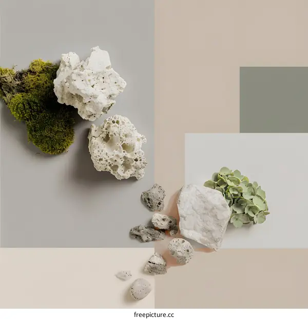 Minimalist Still Life Photography with Rocks, Moss, and Greenery on a Neutral Background