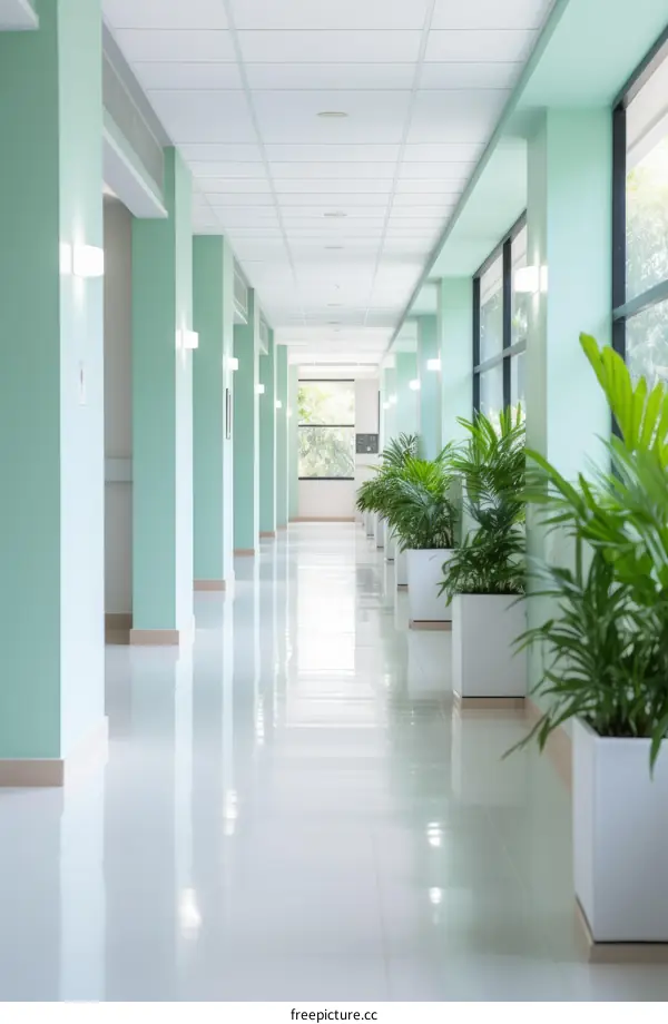 Long hospital hallway with green walls and potted plants