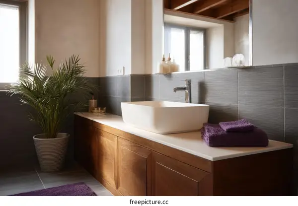 Modern Bathroom Vanity with Plants and Towels