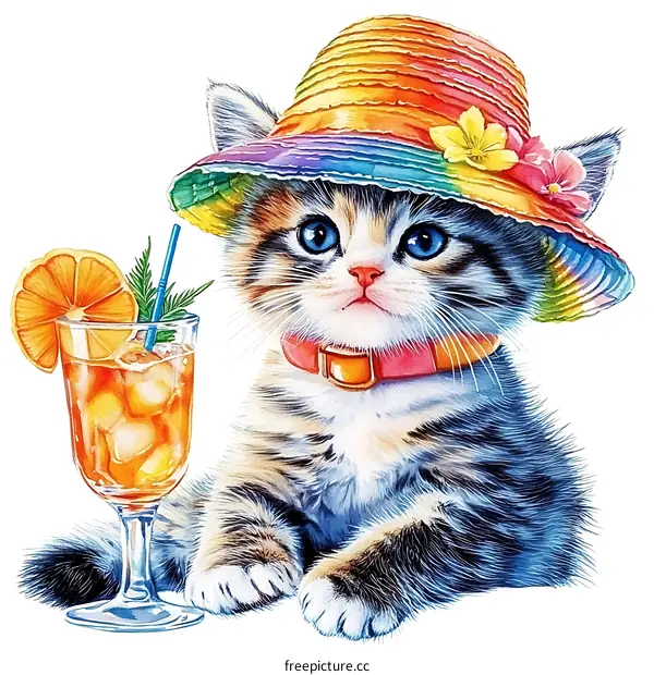 Cute Kitten with a Colorful Hat and a Drink