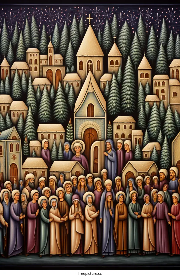 A Group of People in a Forest with a Church in the Background
