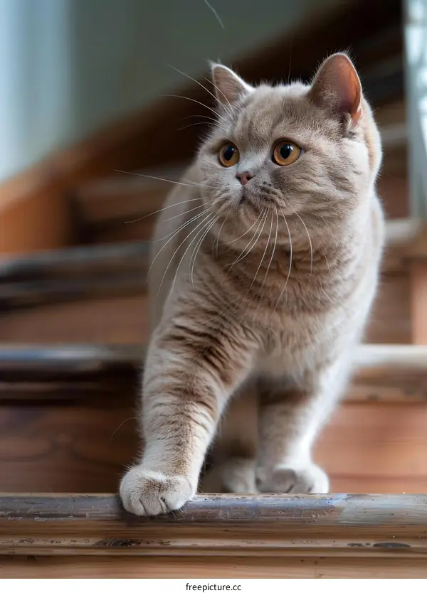 Cute British Shorthair Cat Walking Down Stairs