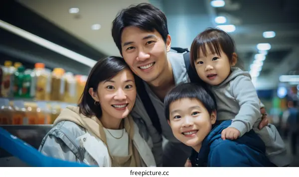 Happy Asian family of four in a supermarket