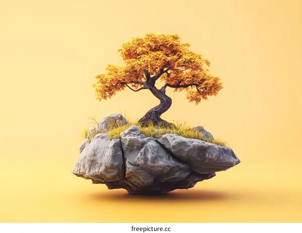 Autumn Tree Floating On Rock