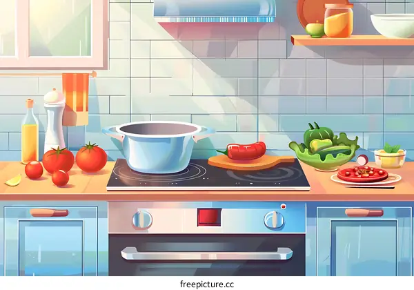 Cartoon Kitchen Illustration With Pot And Vegetables