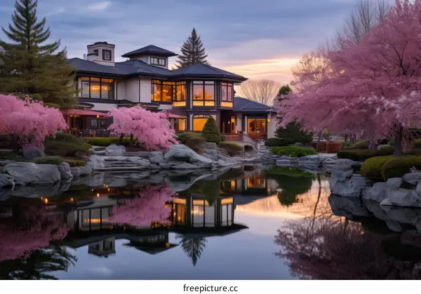 Japanese style house with beautiful garden and pond