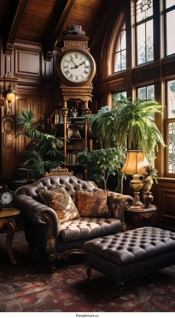 luxurious Victorian study with leather furniture and large windows