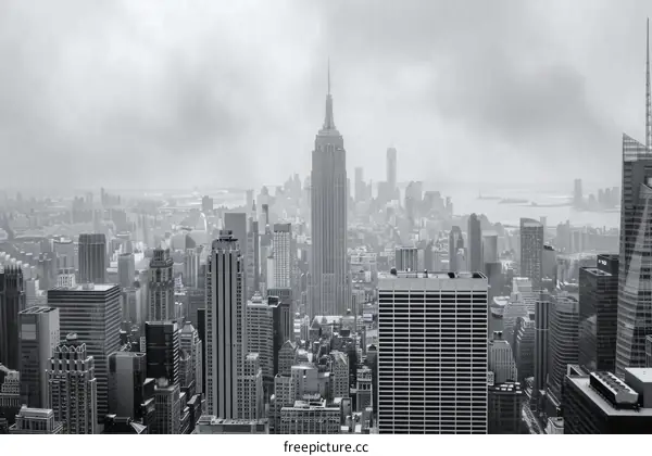 A grayscale photo of the New York City skyline on a cloudy day