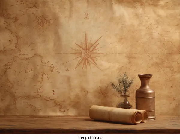 Vintage Map Background with Scrolls and Vessels