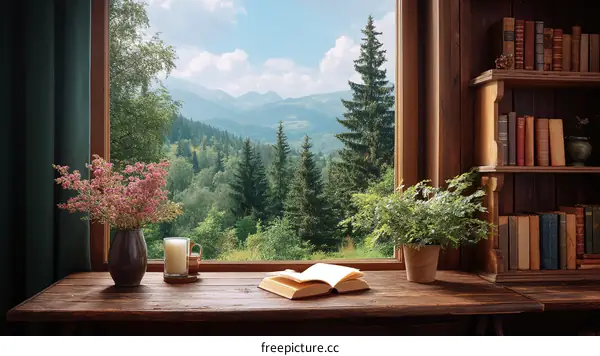 Mountain View From Cozy Window Seat with Books