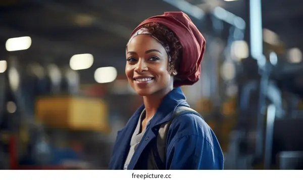 Portrait of a smiling young African American woman wearing a headscarf in a factory