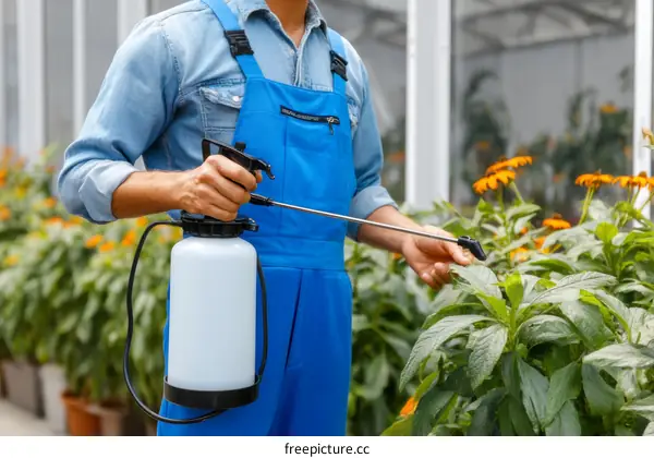 Gardener spraying plants in a greenhouse
