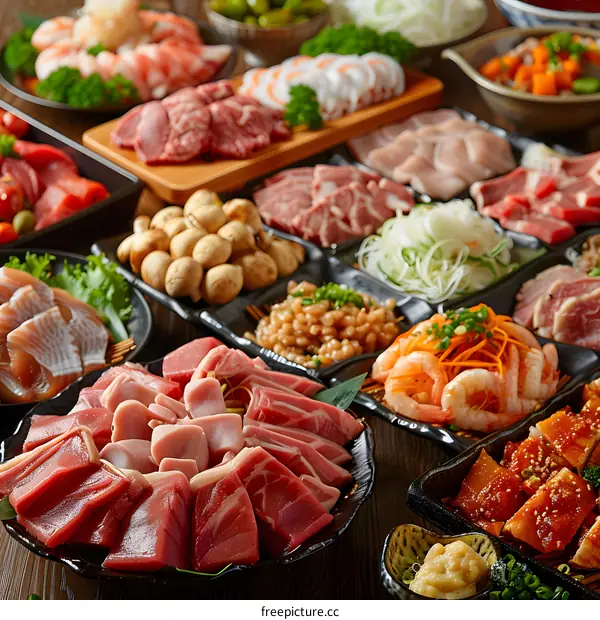 A variety of fresh meat and seafood dishes are served on a table.