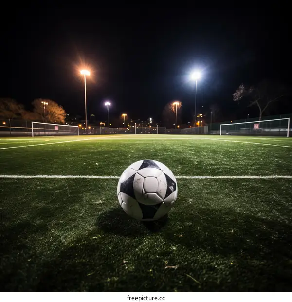 A soccer ball on a field at night
