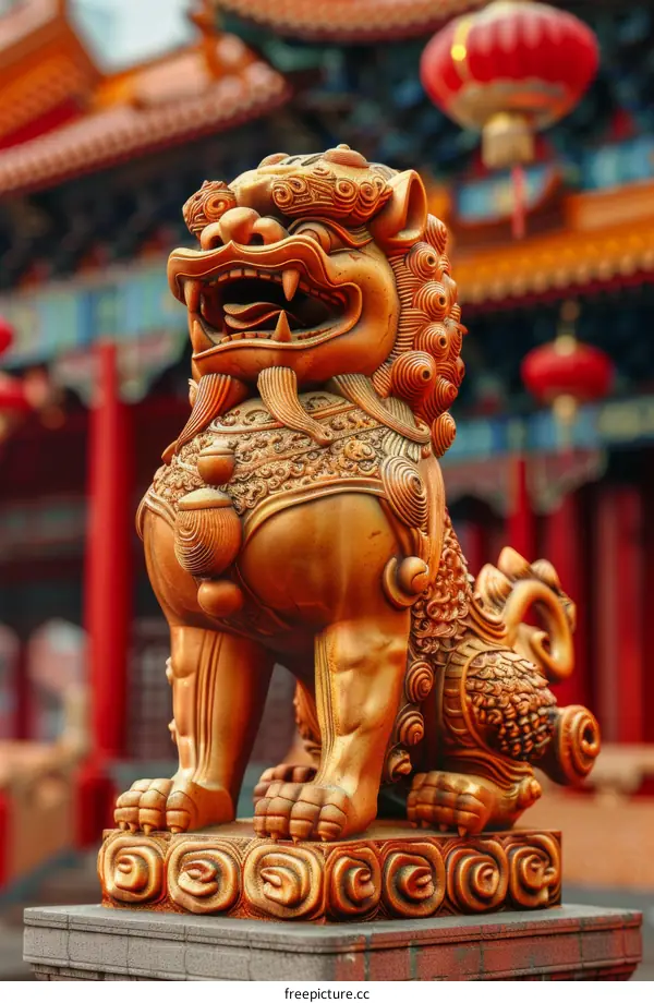 A Golden Lion Statue and Crimson Lanterns