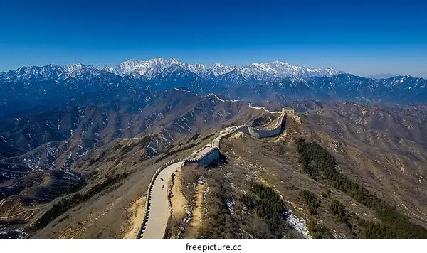 Majestic Great Wall of China amidst Snowy Mountains