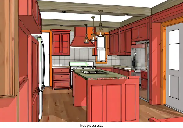Red Kitchen Island With White Countertops and Wood Beams