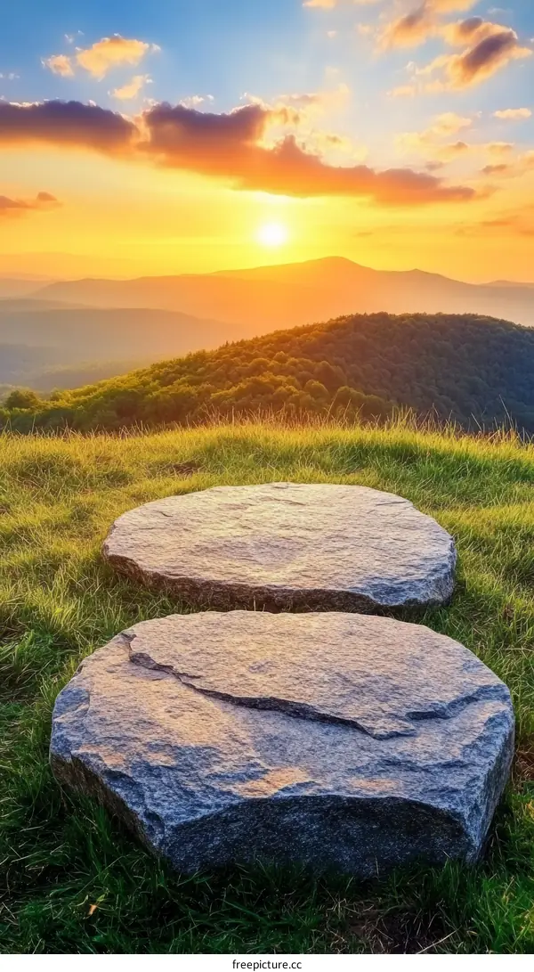 Majestic Sunset Over Mountain Peaks with Flat Rocks