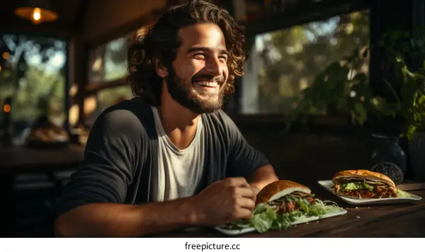 Middle Eastern man eating a falafel sandwich