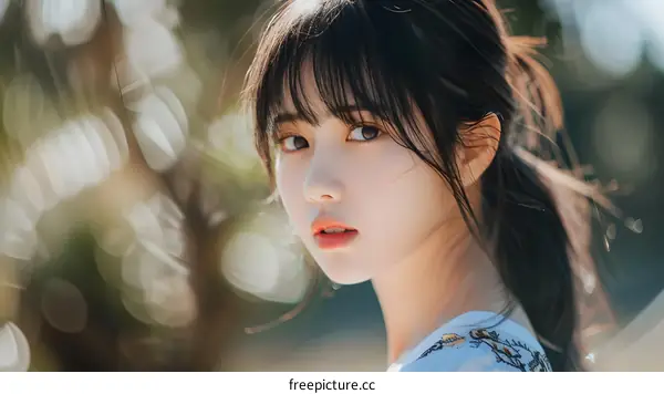 Portrait of a Beautiful Young Asian Woman with Long Black Hair Looking at the Camera