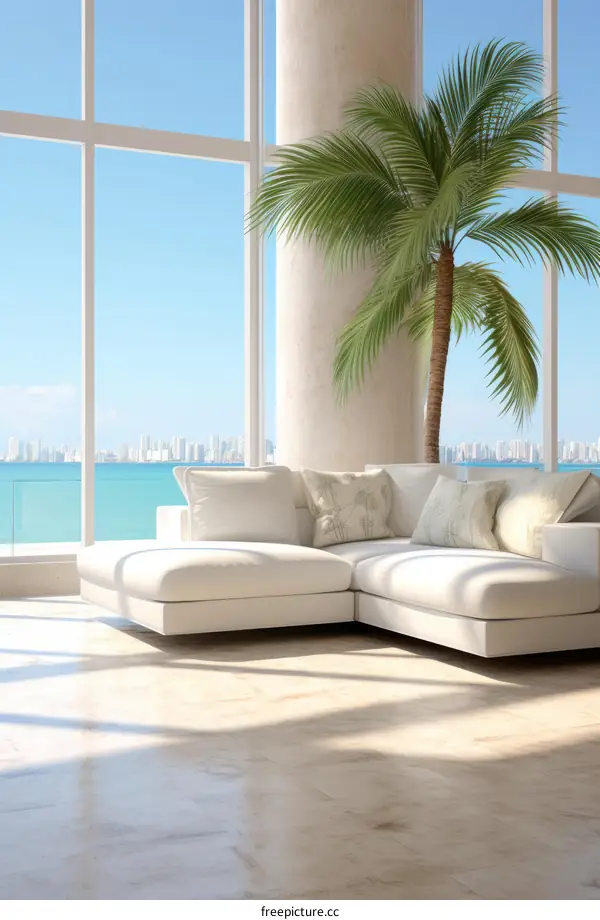 Modern Living Room Interior with Large Windows and Stunning Ocean View