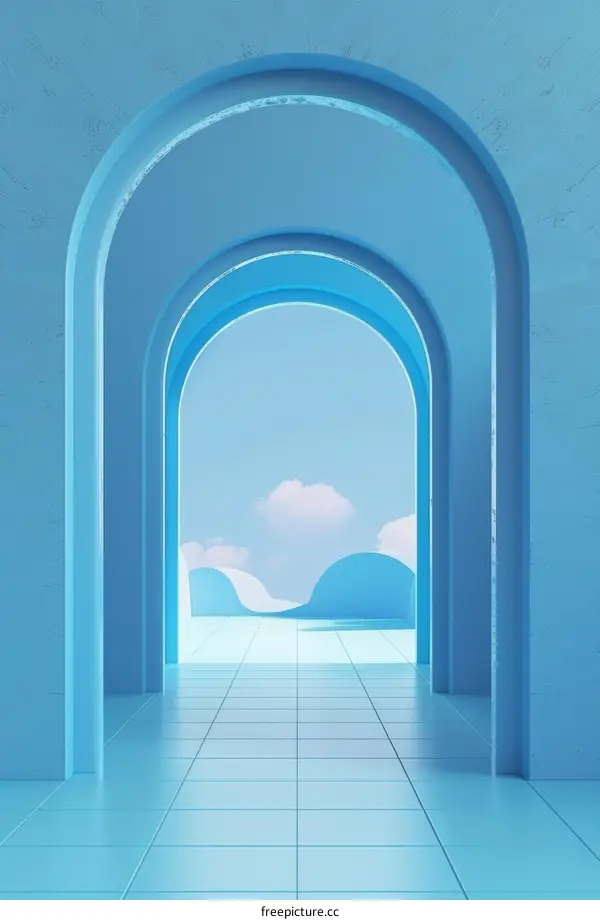 Spacious Blue-Toned Hallway Lit by Sunbeams