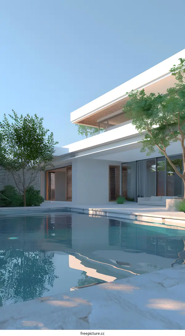 Modern House With Swimming Pool And Lush Greenery