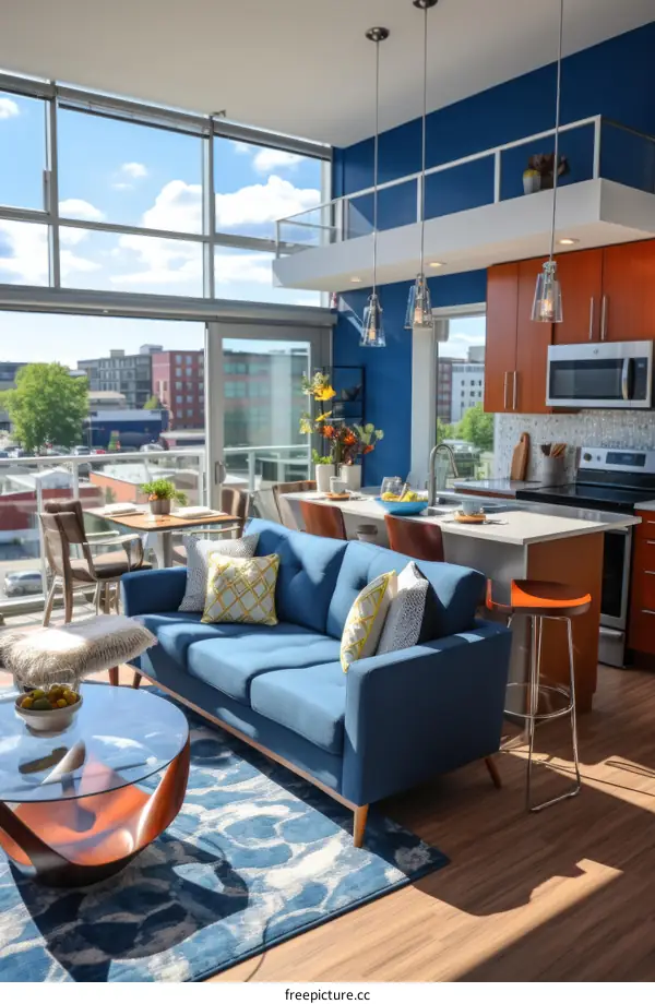 Modern Open-Concept Living Space with Blue Sofa and Kitchen