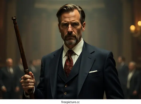 Serious Caucasian Male in Formal Wear Holding a Staff