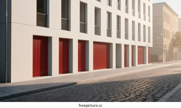 Modern Urban Building with Red Garage Doors on Cobblestone Street