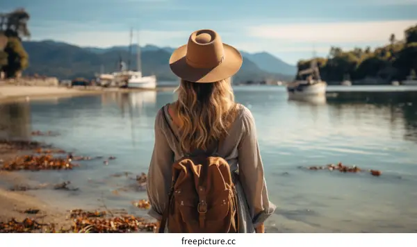 A woman standing on the beach looking out at the water