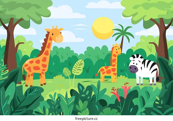 Cartoon Giraffes And Zebra In The Jungle