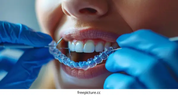 Close-up of a woman getting her Invisalign braces put in by a dentist