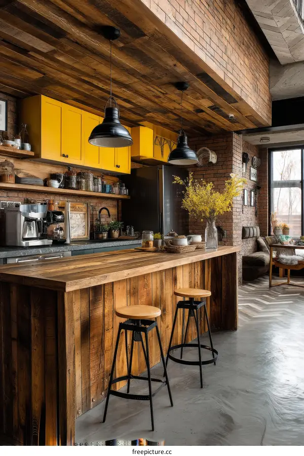 Rustic Industrial Kitchen Island with Yellow Cabinets