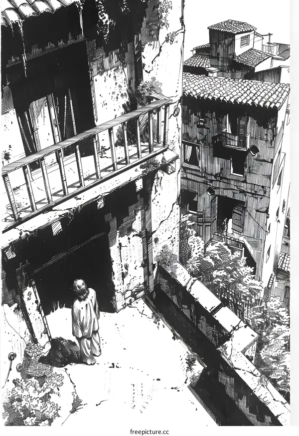 Ink Illustration of a Cityscape with a Person