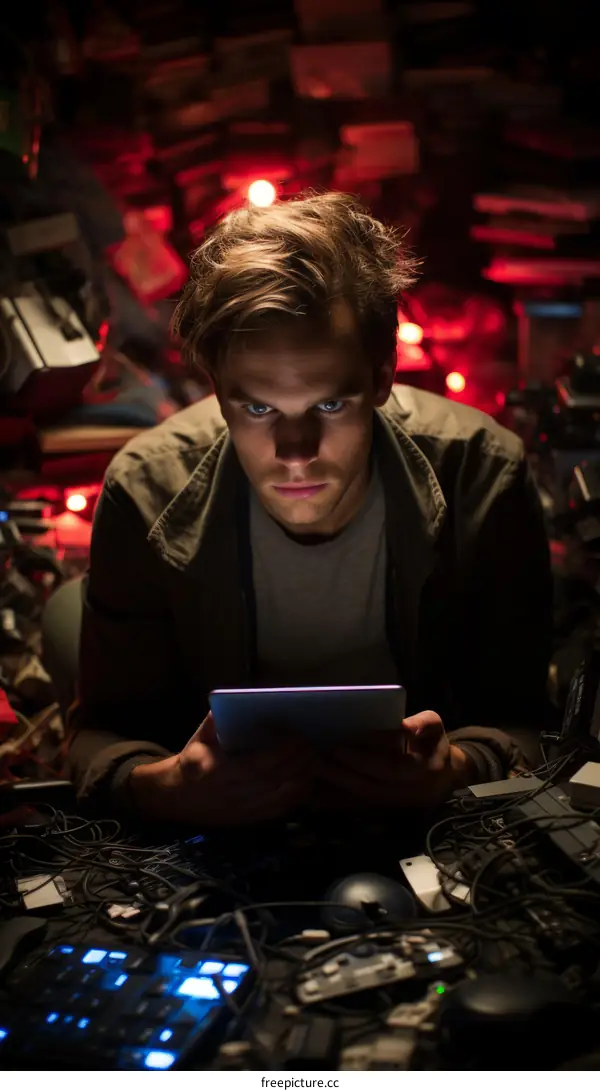 A young man is looking at a tablet in a dark room.