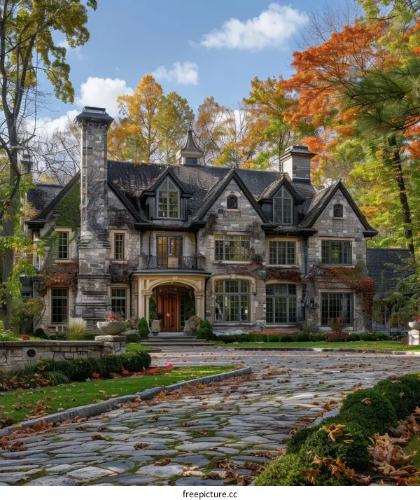Luxurious Stone Mansion with Scenic Fall Landscape