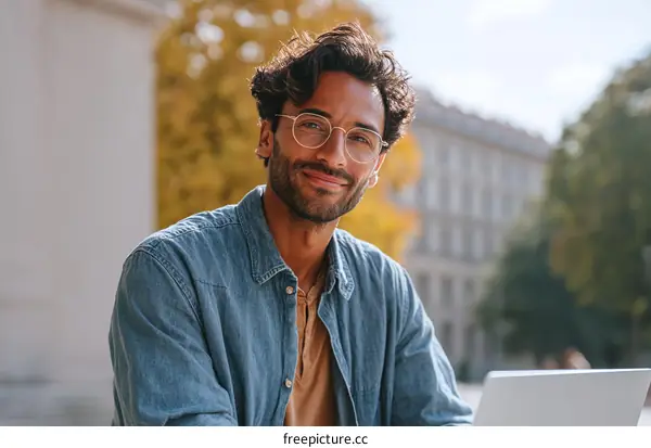 Smiling Man Working Outdoors with Laptop