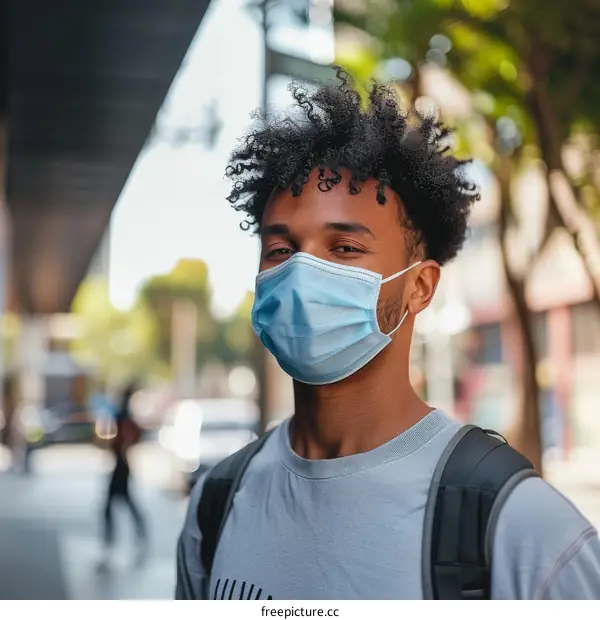 A young man wearing a mask