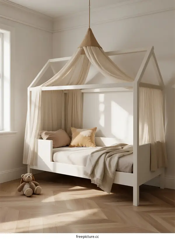 Modern White Kids Bed with Canopy and Soft Pillows