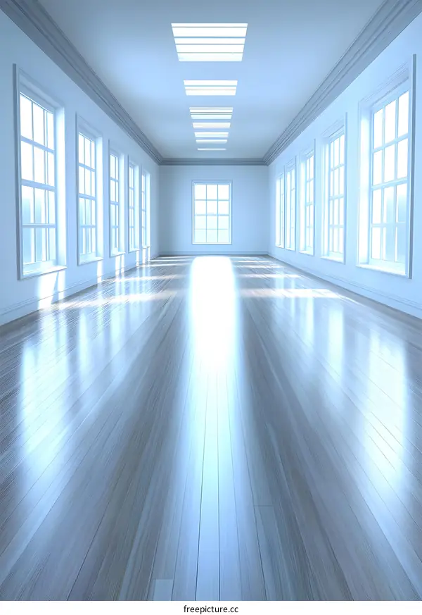 Empty White Room With Windows And Wooden Floor