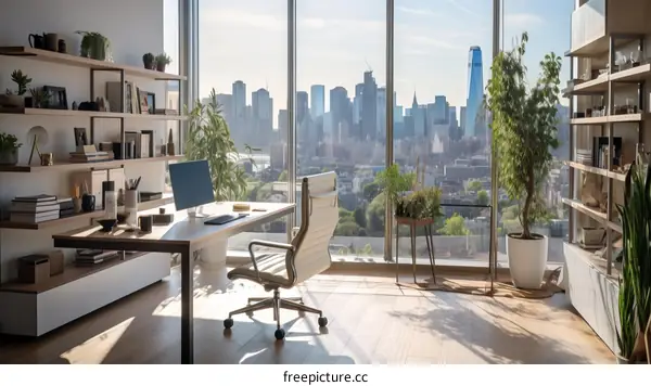 Modern Office with City Skyline View
