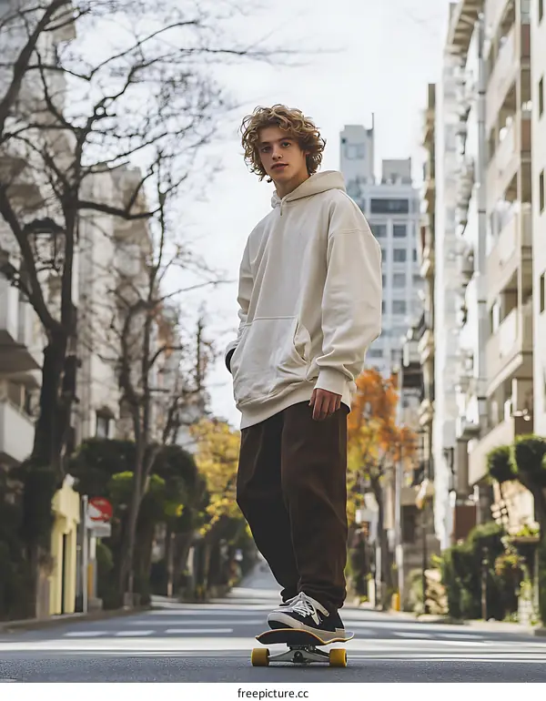 Young Man Skateboarding in Urban Street