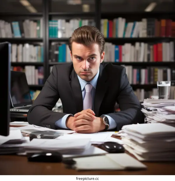 Businessman sitting at his desk looking stressed with a lot of paperwork to do