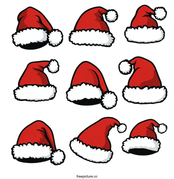 [Transparent Background PNG]Set of Cartoon Santa Hats in Various Angles