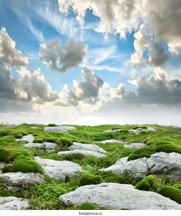 Green Grass and Cloudy Sky with Rocks