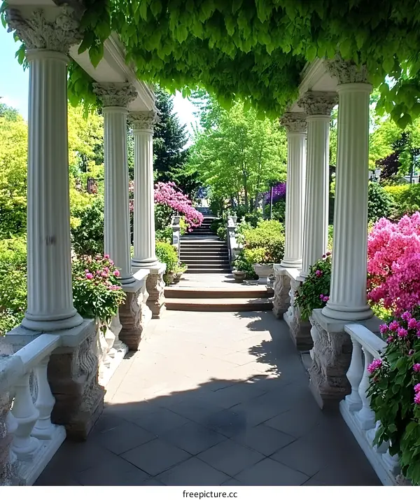 Stone Columns with Flowers and Greenery Arching Overhead