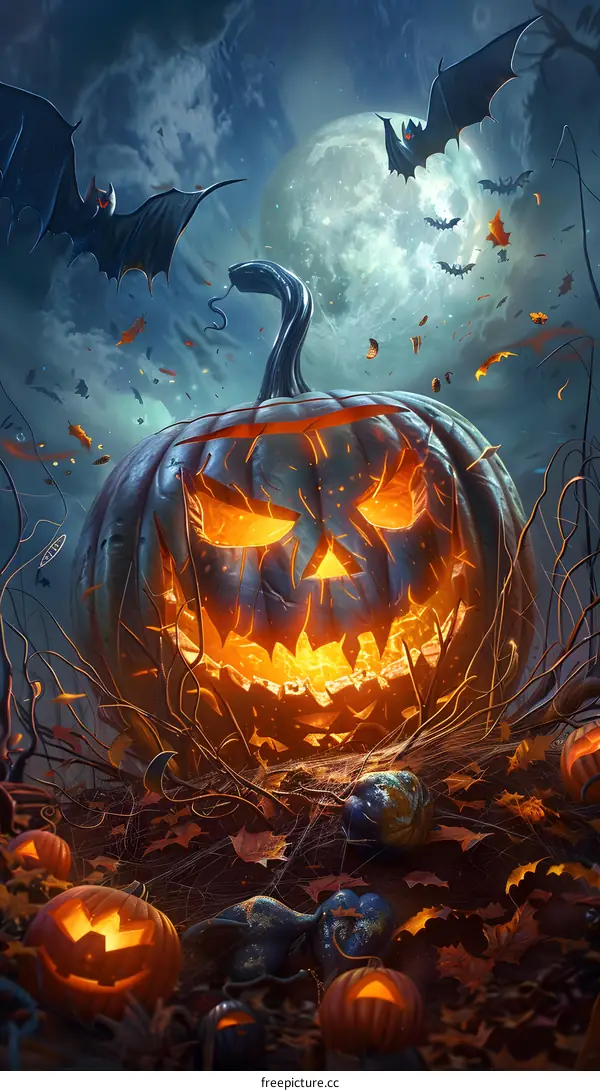 Glowing Pumpkin Head with Scary Face in a Dark Forest