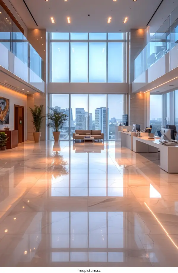 Modern office interior with large windows and city view