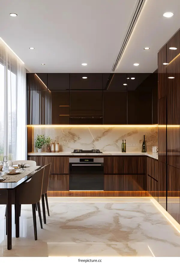 Modern Kitchen Interior Design With Brown Cabinetry and Marble Countertop